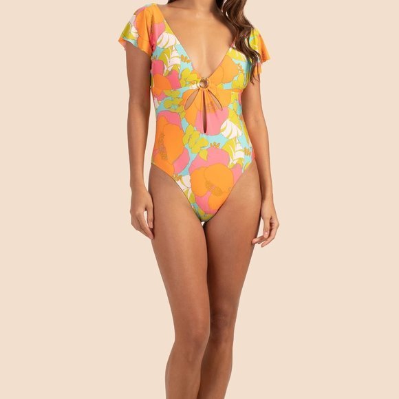 Trina Turk Playa De Flor Flutter Sleeve Maillot One Piece‎ Multicolor Swimsuit - Picture 4 of 13